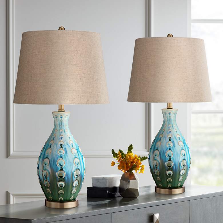 Image 1 360 Lighting Modern Vase 26 1/2" Blue Ceramic Table Lamps Set of 2