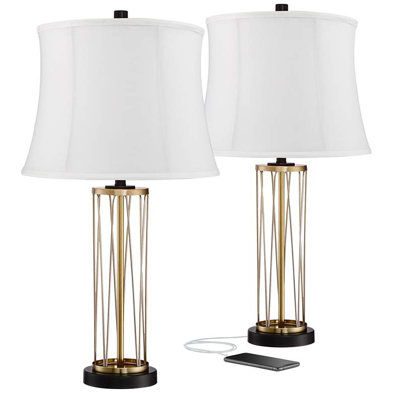 Image 1 360 Lighting Nathan 25 1/2" Gold Cage USB Table Lamps Set of 2