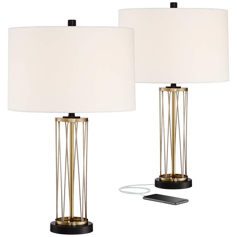 Image 3 360 Lighting Nathan 25 1/2" Open Gold Cage USB Table Lamps Set of 2