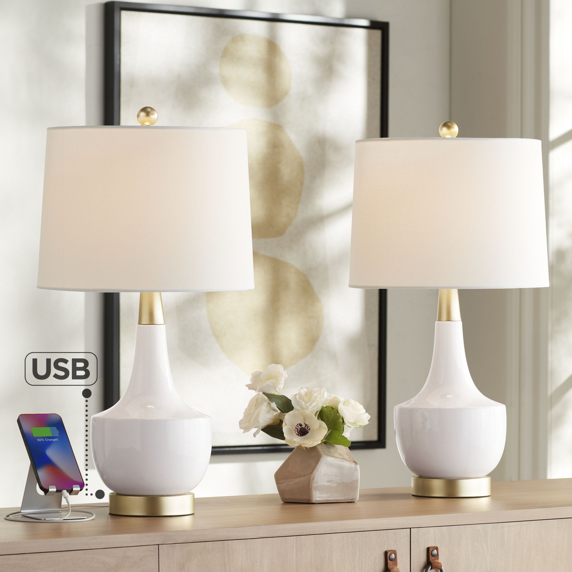 360 Lighting Nesbit 25" Gold White Ceramic USB Table Lamps Set of 2
