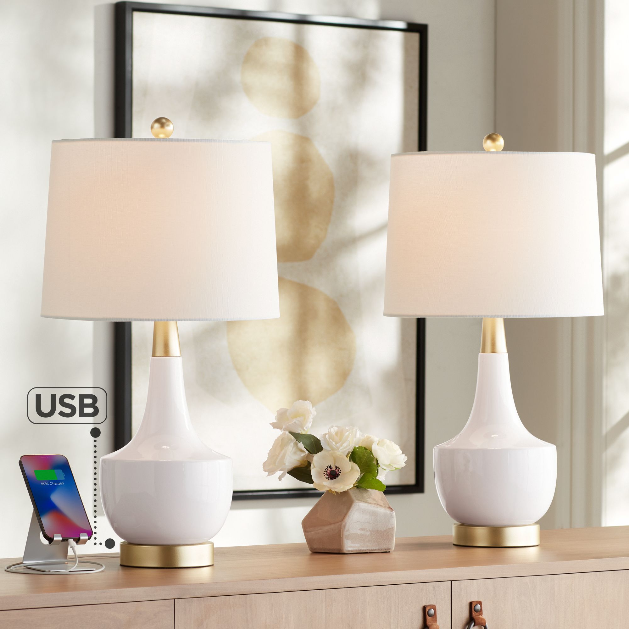 Jetset Gold and White Ceramic USB Table Lamps Set of 2 - #901C2
