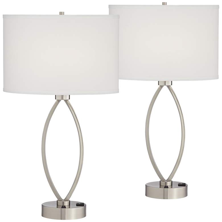Image 2 360 Lighting Nickel Oval Eye 28" Power Outlet Table Lamps Set of 2