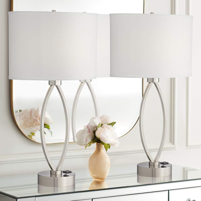 Image 1 360 Lighting Nickel Oval Eye 28" Power Outlet Table Lamps Set of 2