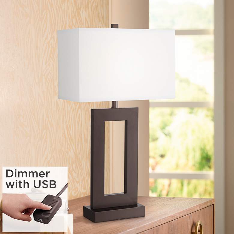 Image 1 360 Lighting Open Window Rectangular Bronze Table Lamp with USB Cord Dimmer