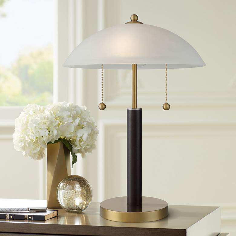 Image 6 360 Lighting Orbital 19 1/2" Wood and Gold Dome Glass Lamps Set of 2 more views