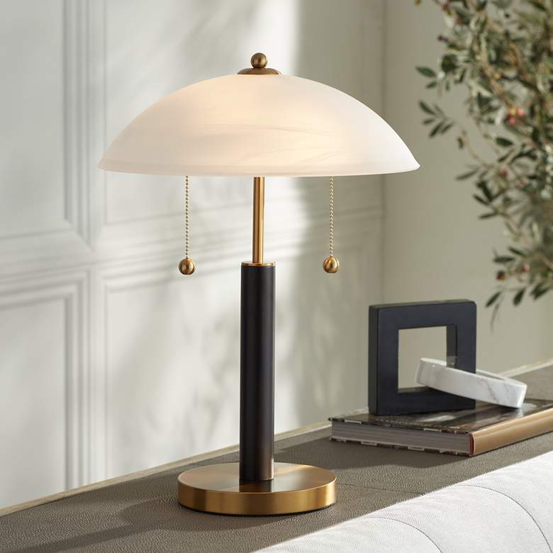 360 Lighting Orbital 19 1/2&quot; Wood and Gold Modern Dome Pull Chain Lamp