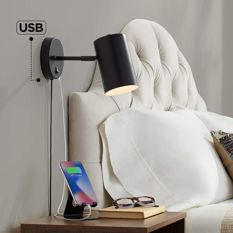Image 1 360 Lighting Patt 7" Black Cylinder Plug-In Wall Lamp with USB Port
