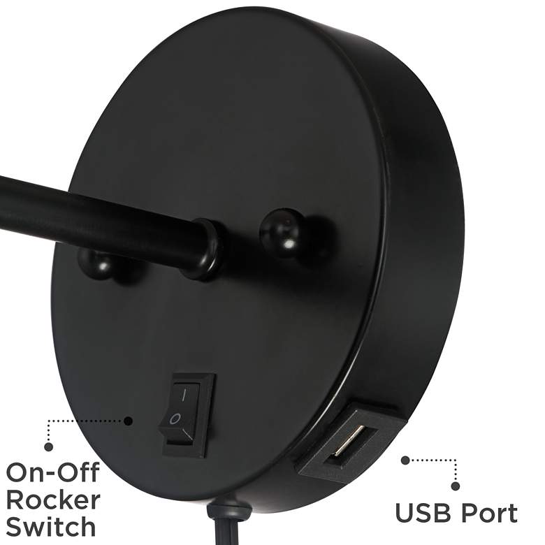 Image 5 360 Lighting Patt 7" Black Cylinder Plug-In Wall Lamp with USB Port more views