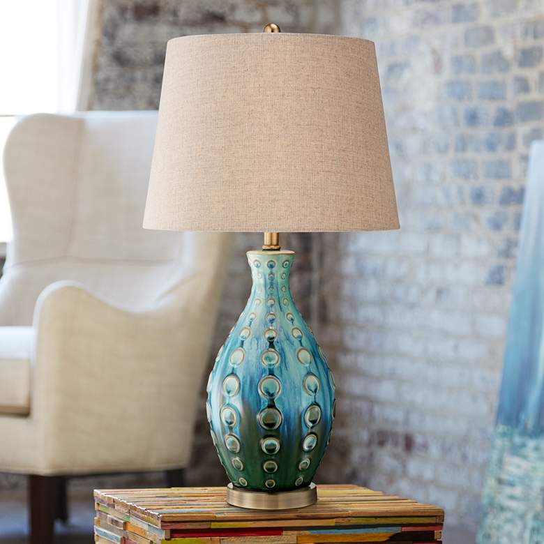360 Lighting Peacock Blue Mid-Century Modern Ceramic Vase Table Lamp
