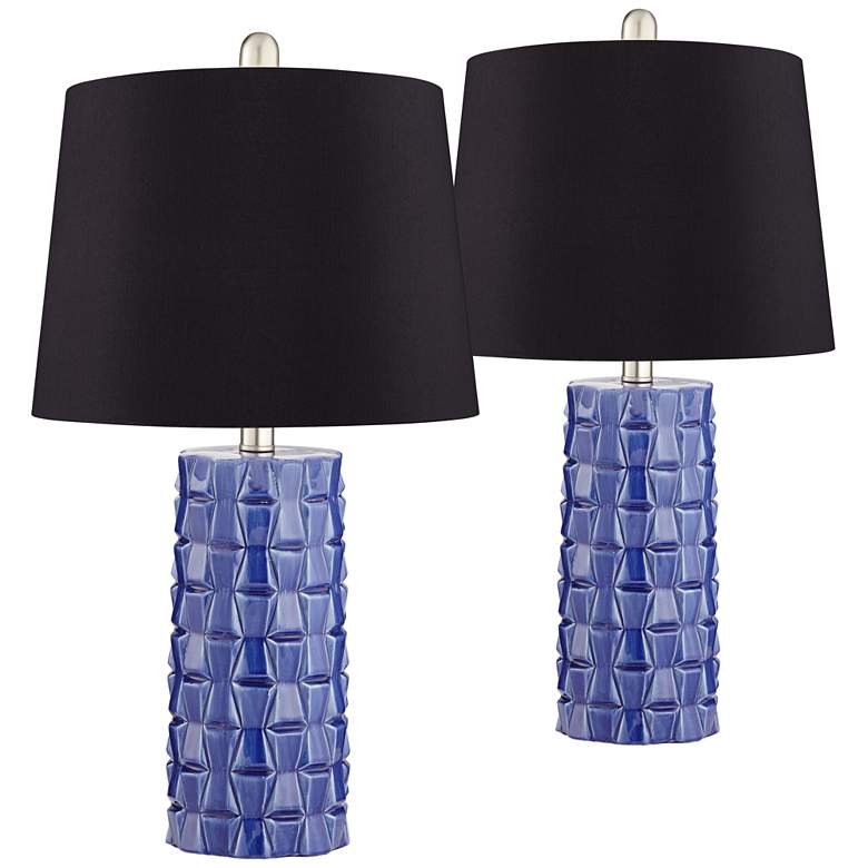 Image 1 360 Lighting Rico Blue Ceramic Column Black Shade Table Lamps Set of 2