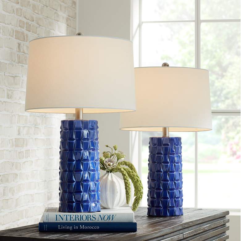 360 Lighting Rico Blue Ceramic Column Table Lamps Set of 2