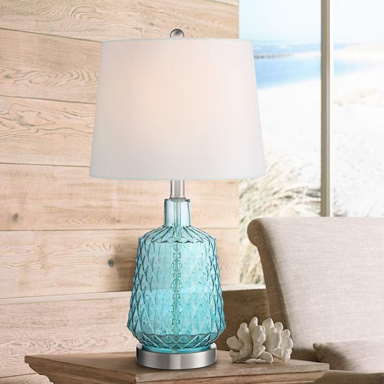 Image 1 360 Lighting Ronald 22 inch Coastal Modern Textured Blue Glass Table Lamp