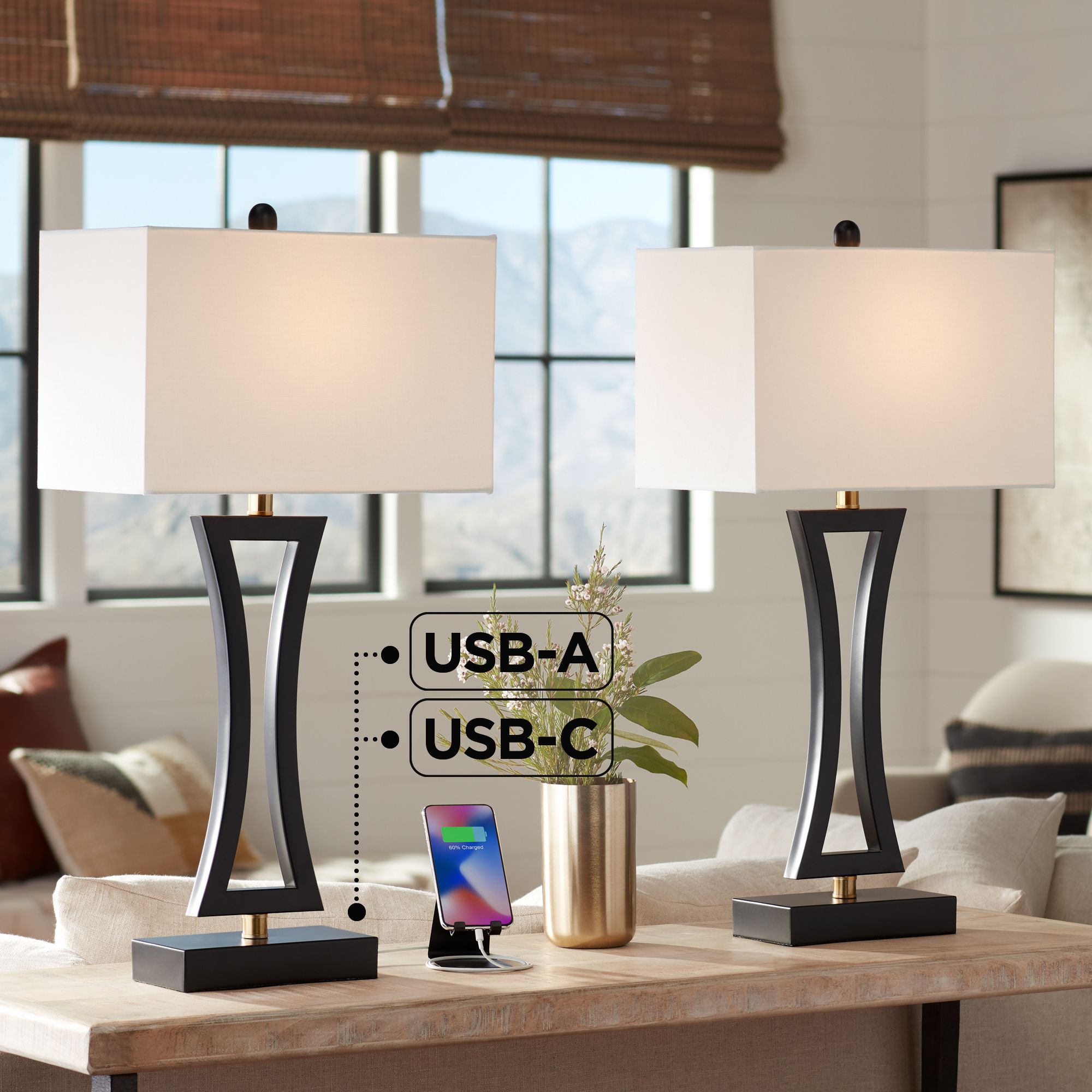 360 Lighting Roxie 31" Black Metal USB Table Lamps Set of 2