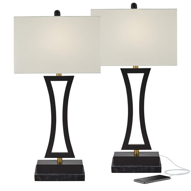Image 1 360 Lighting Roxie Black Metal USB Lamps with Black Marble Riser Set of 2
