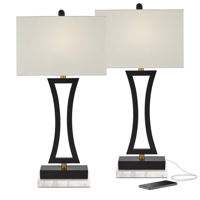 Image 1 360 Lighting Roxie Black Metal USB Lamps with White Marble Riser Set of 2