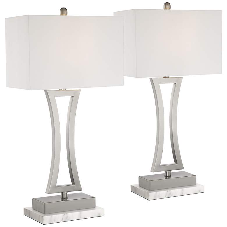 Image 1 360 Lighting Roxie Brushed Nickel Lamps Set of 2 with White Marble Risers