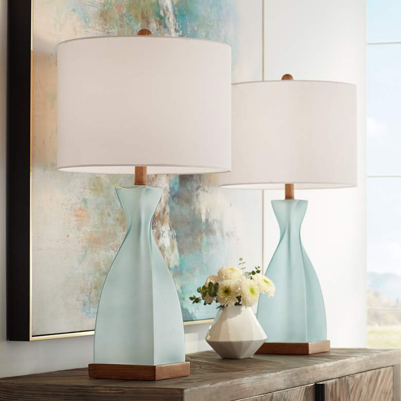 Image 1 360 Lighting Ryan Ocean Blue Glass Coastal Modern Table Lamps Set of 2