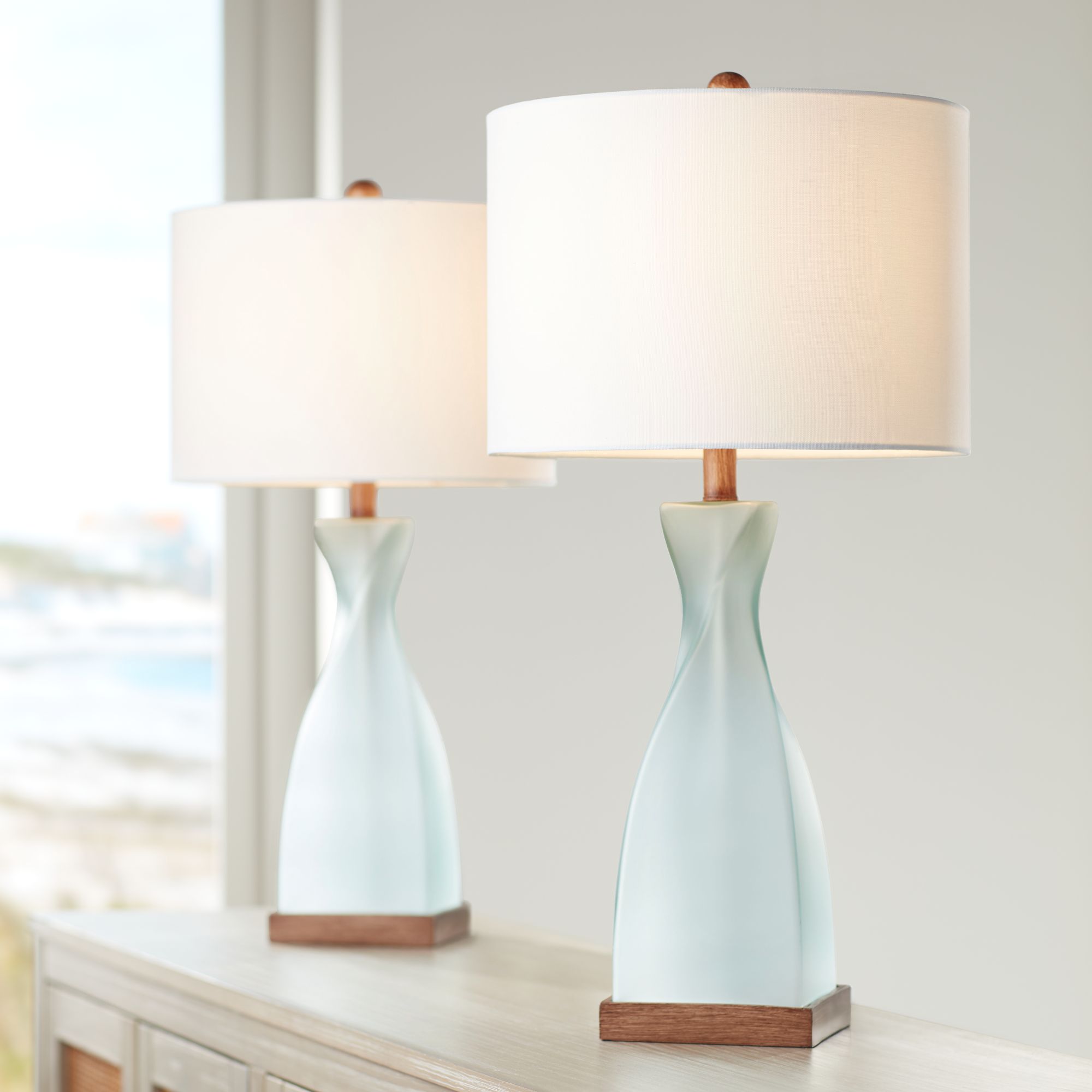 360 Lighting Ryan Ocean Blue Glass Coastal Modern Table Lamps Set of 2