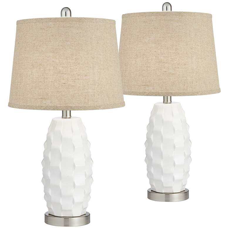 Image 1 360 Lighting Scalloped Ceramic White and Burlap LED Lamps Set of 2