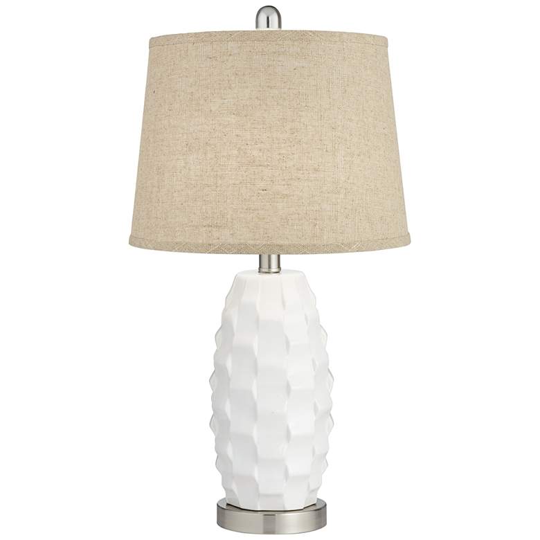 Image 5 360 Lighting Scalloped Ceramic White and Burlap LED Lamps Set of 2 more views