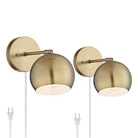 Image2 of 360 Lighting Selena Brass Sphere Shade Plug-In LED Wall Lamps Set of 2