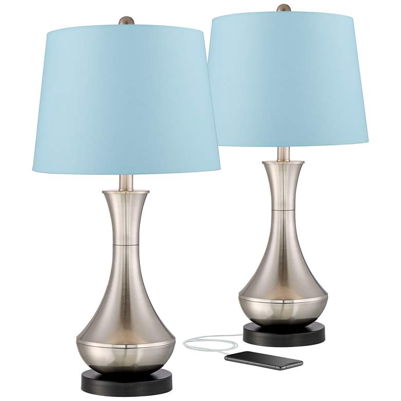 Image 1 360 Lighting Simon 25 1/2" Blue and Nickel USB Table Lamps Set of 2