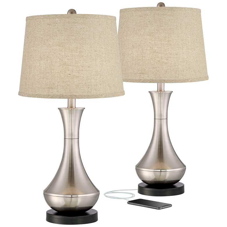 Image 1 360 Lighting Simon 25 1/2 inch Burlap and Nickel USB Table Lamps Set of 2