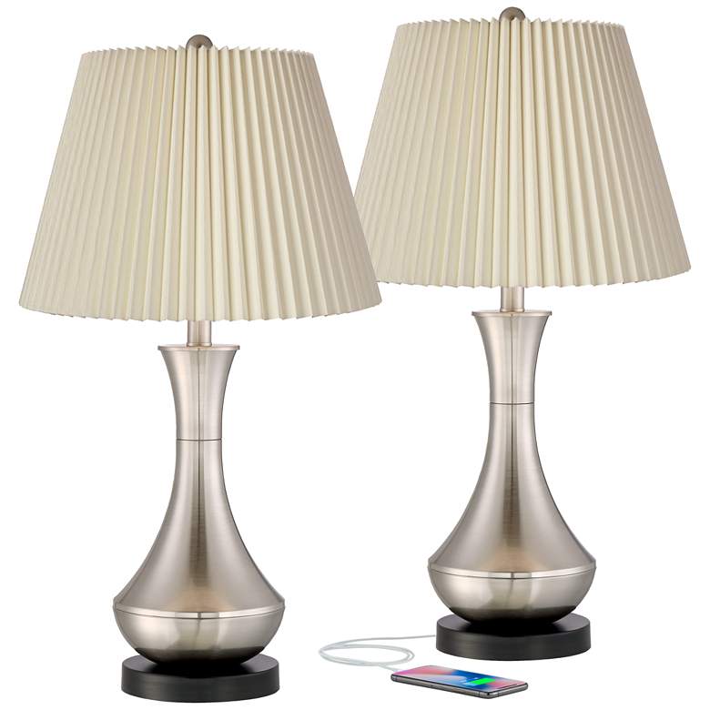 Image 1 360 Lighting Simon 25 1/2" Linen Pleat and Nickel USB Lamps Set of 2