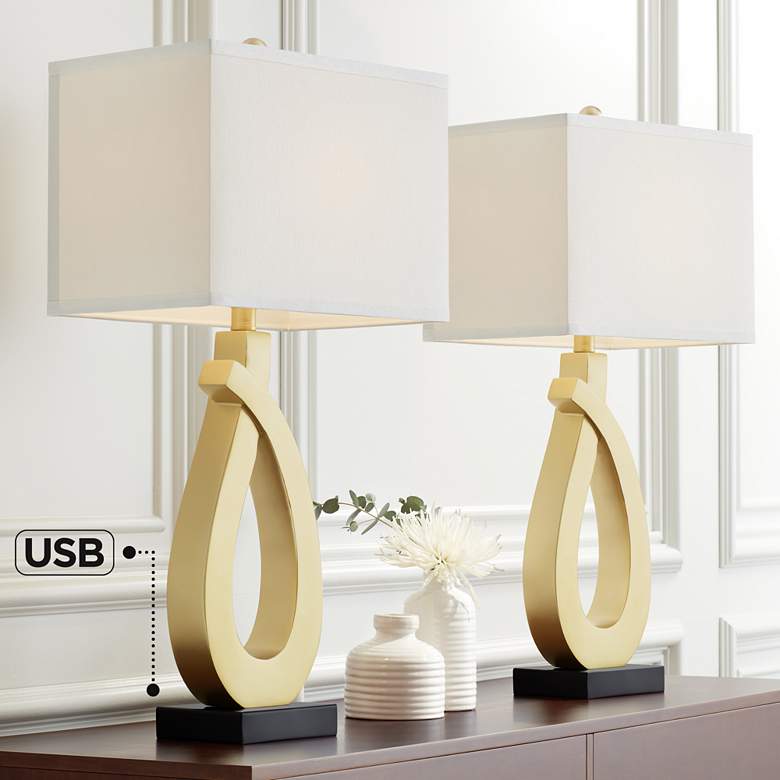 Image 1 360 Lighting Simone 28" Gold Loop Table Lamps Set of 2 with USB Ports
