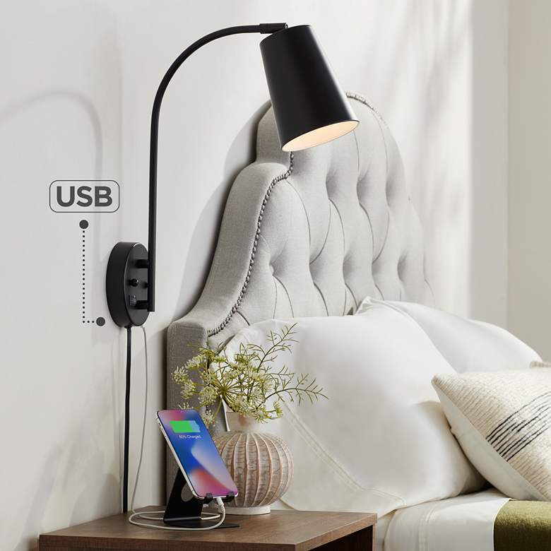 Image 1 360 Lighting Sully 19" Black Modern Plug-in Wall Lamp with USB Port