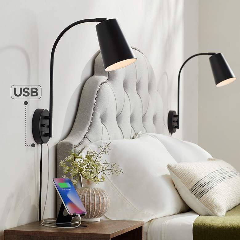 360 Lighting Sully 19&quot; Black Plug-in USB Wall Lamps Set of 2