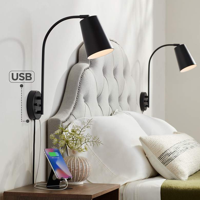 Image 1 360 Lighting Sully 19" Black Plug-in USB Wall Lamps Set of 2