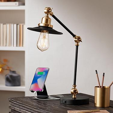 360 Lighting Taurus Black and Gold Adjustable Desk Lamp with USB Ports