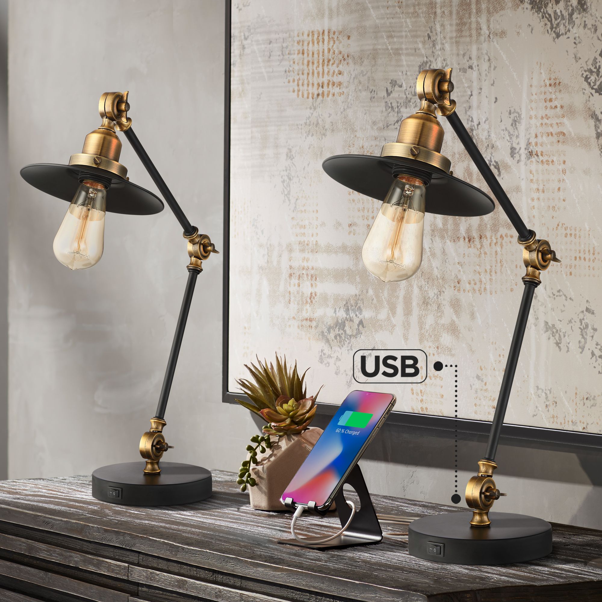 360 Lighting Taurus Black Gold Adjustable USB Desk Lamps Set of 2