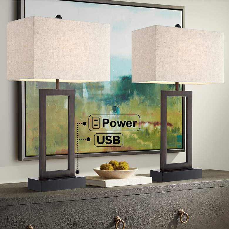 Image 1 360 Lighting Todd Bronze Table Lamps Set of 2 with USB Port and Outlet