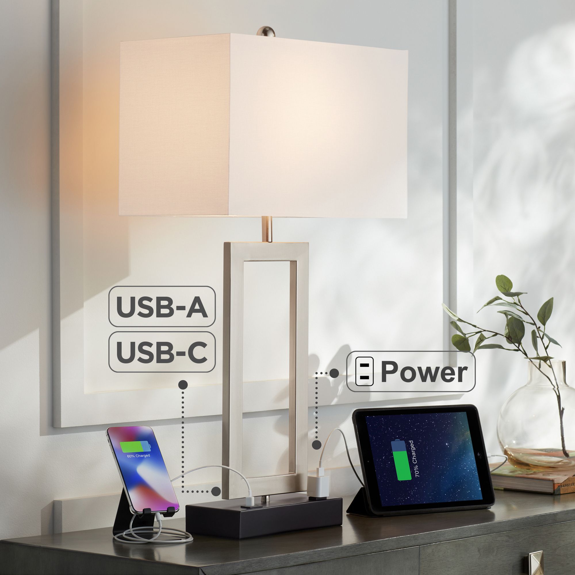 360 Lighting Todd Brushed Nickel USB and Outlet Table Lamps Set of 2