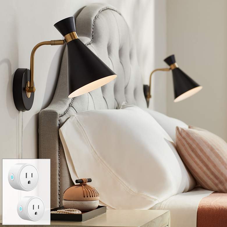 Image 1 360 Lighting Venice 11 1/2" Black Wall Lamps Set with Smart Sockets