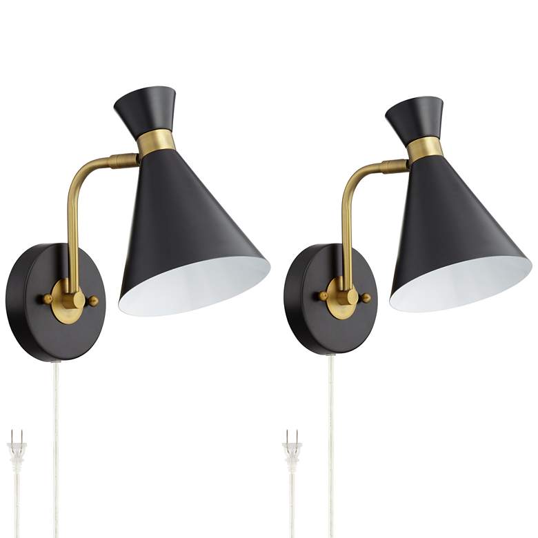 Image 2 360 Lighting Venice Matte Black Cone Plug-In Wall Lamps Set of 2