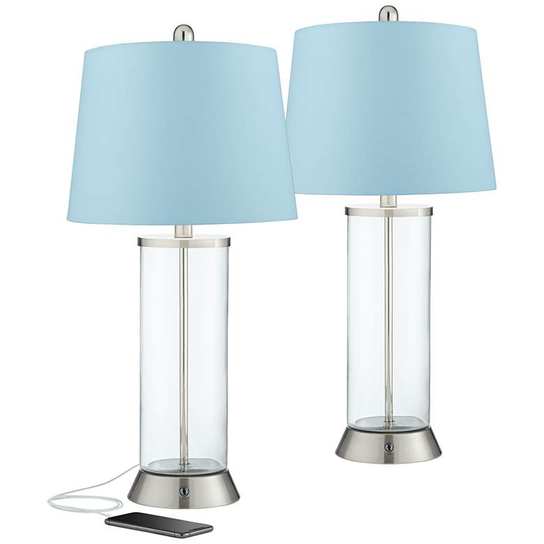 Image 1 360 Lighting Watkin 27 1/2 inch Blue and Glass USB LED Lamps Set of 2