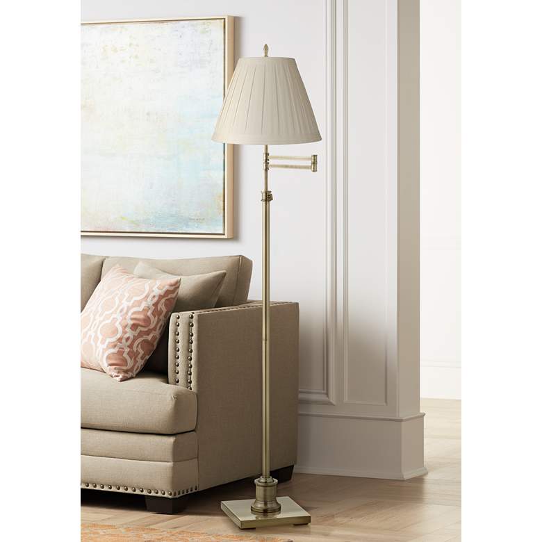 Image 1 360 Lighting Westbury Cream Linen Shade Brass Swing Arm Floor Lamp