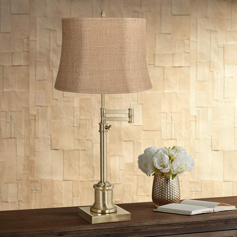 Image 1 360 Lighting Westbury Natural Burlap and Brass Swing Arm Lamp