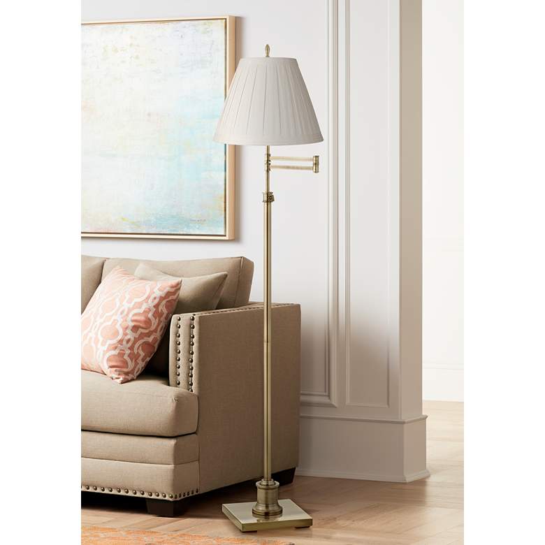 Image 1 360 Lighting Westbury Off-White Linen Shade Brass Swing Arm Floor Lamp