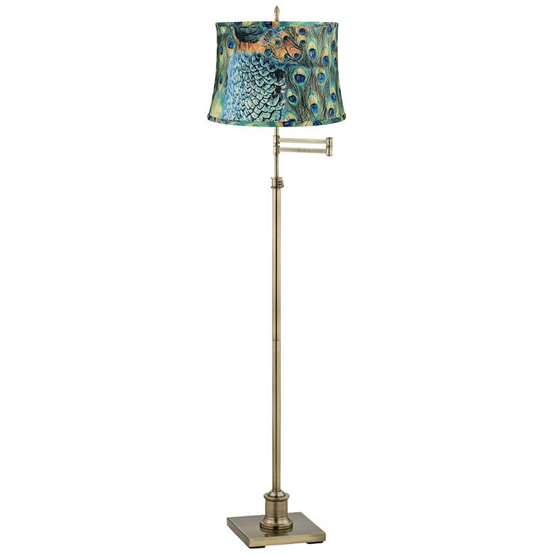 Image 1 360 Lighting Westbury Peacock Print Shade Brass Swing Arm Floor Lamp