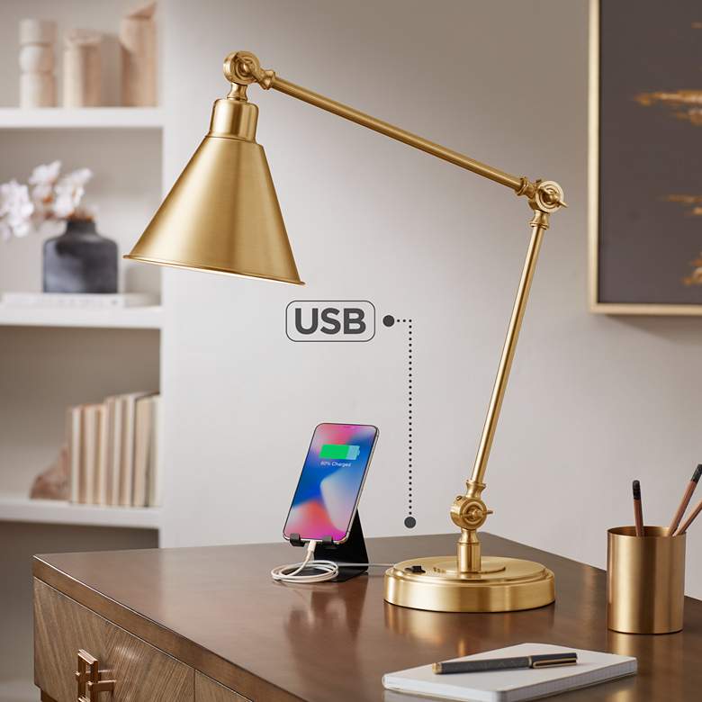 Image 2 360 Lighting Wray Adjustable Height Warm Antique Gold Modern USB Desk Lamp