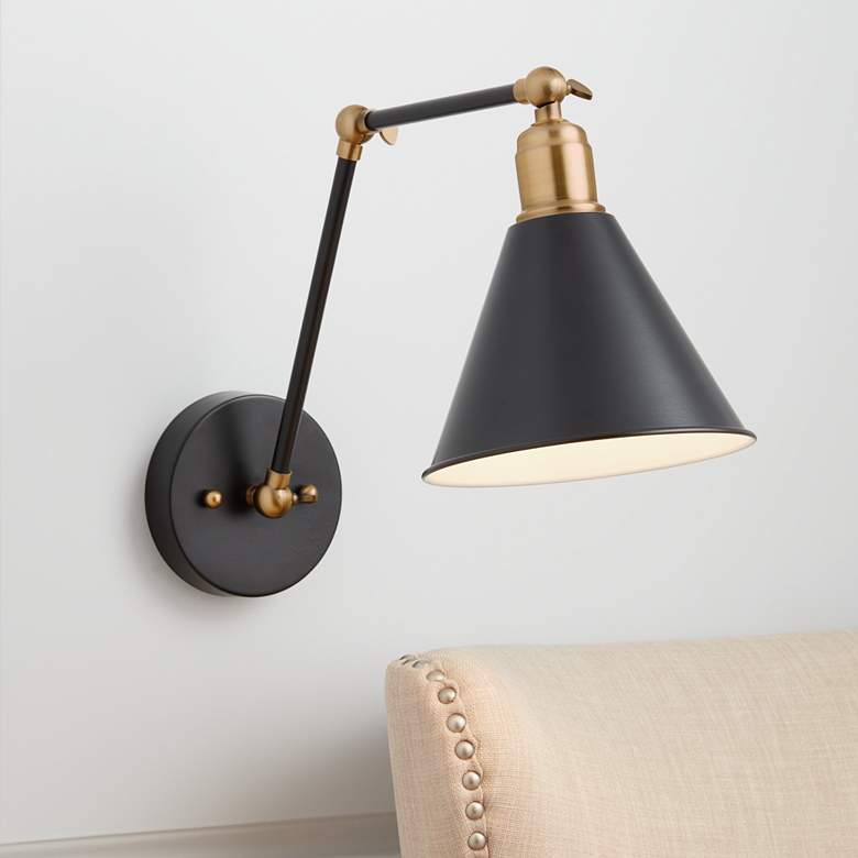 Image 1 360 Lighting Wray Black and Antique Brass Adjustable Hardwire Wall Lamp