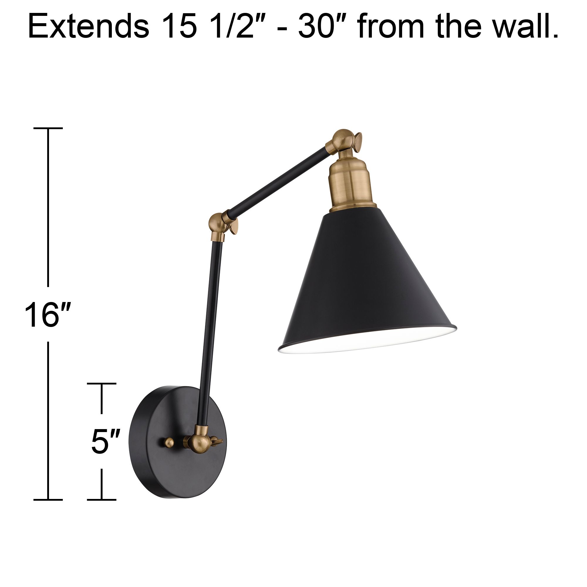 360 Lighting Wray Black and Antique Brass Adjustable Hardwire Wall Lamp