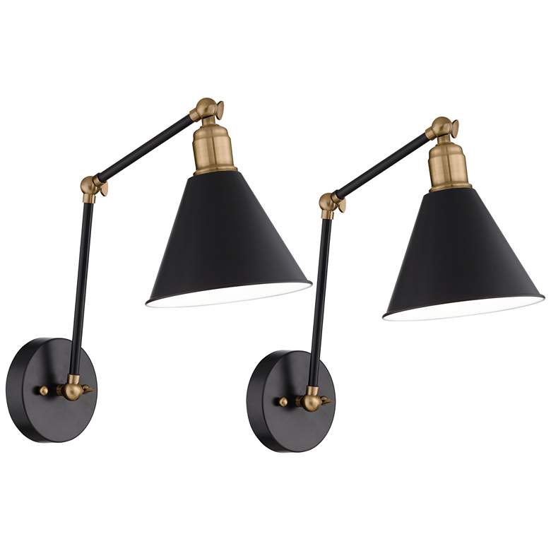 Image 2 360 Lighting Wray Black and Antique Brass Hardwire Wall Lamps Set of 2