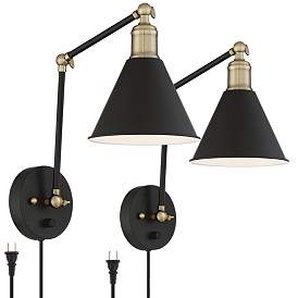 Image3 of 360 Lighting Wray Black and Antique Brass Plug-In Wall Lamps Set of 2