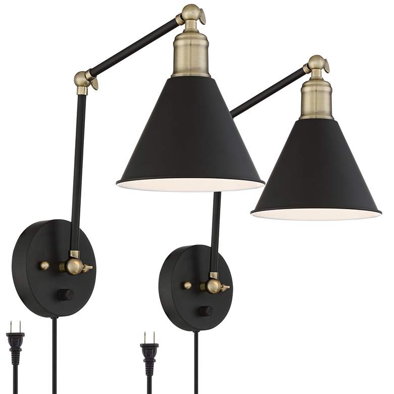 Image 3 360 Lighting Wray Black and Antique Brass Plug-In Wall Lamps Set of 2