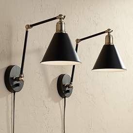 Image2 of 360 Lighting Wray Black and Antique Brass Plug-In Wall Lamps Set of 2